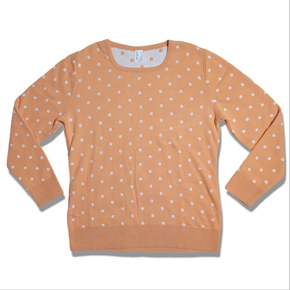 Pastel Orange & White Polkadot Scoop Neck Ribbed Knit Sweater